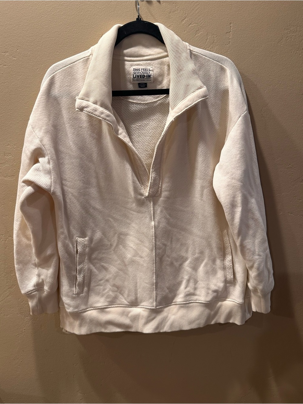 American Eagle Lived-In Waffle Knit Quarter Zip Sweatshirt Cream White Small